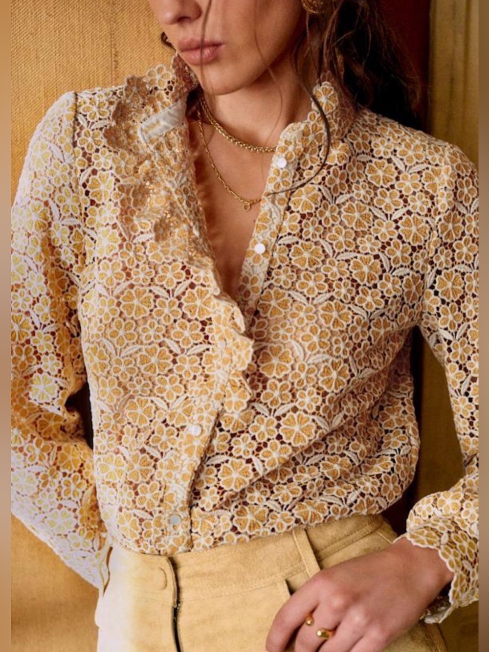 Sezane Chlo Shirt Guipure Ocre Ecru Lace Ruffle Blouse Size 36 US 4